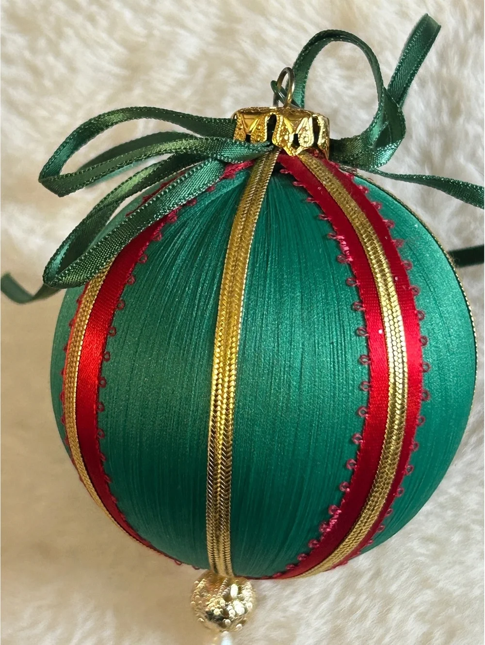 Vintage Green and Red Satin Christmas Ornament with Gold Trim and Pearl Accent